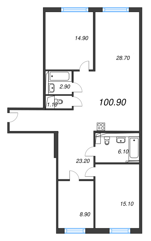 4-комнатная (Евро) квартира, 100.9 м² в ЖК "Руднева 15" - планировка, фото №1