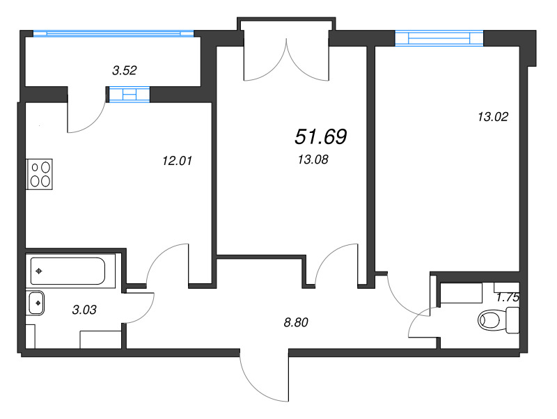 2-комнатная квартира, 51.69 м² - планировка, фото №1
