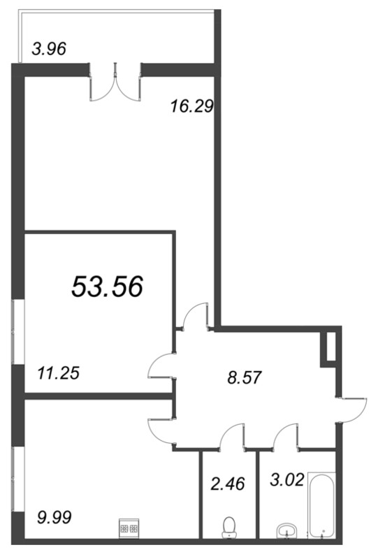 2-комнатная квартира, 53.56 м² - планировка, фото №1
