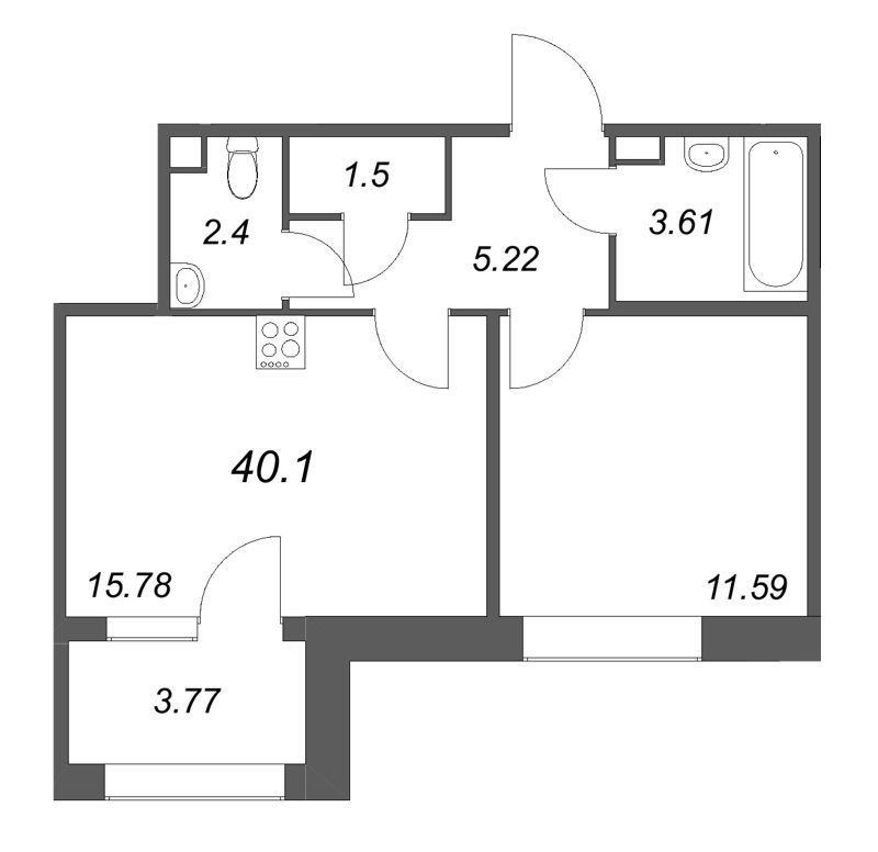 2-комнатная (Евро) квартира, 40.1 м² в ЖК "Дом на Курской" - планировка, фото №1