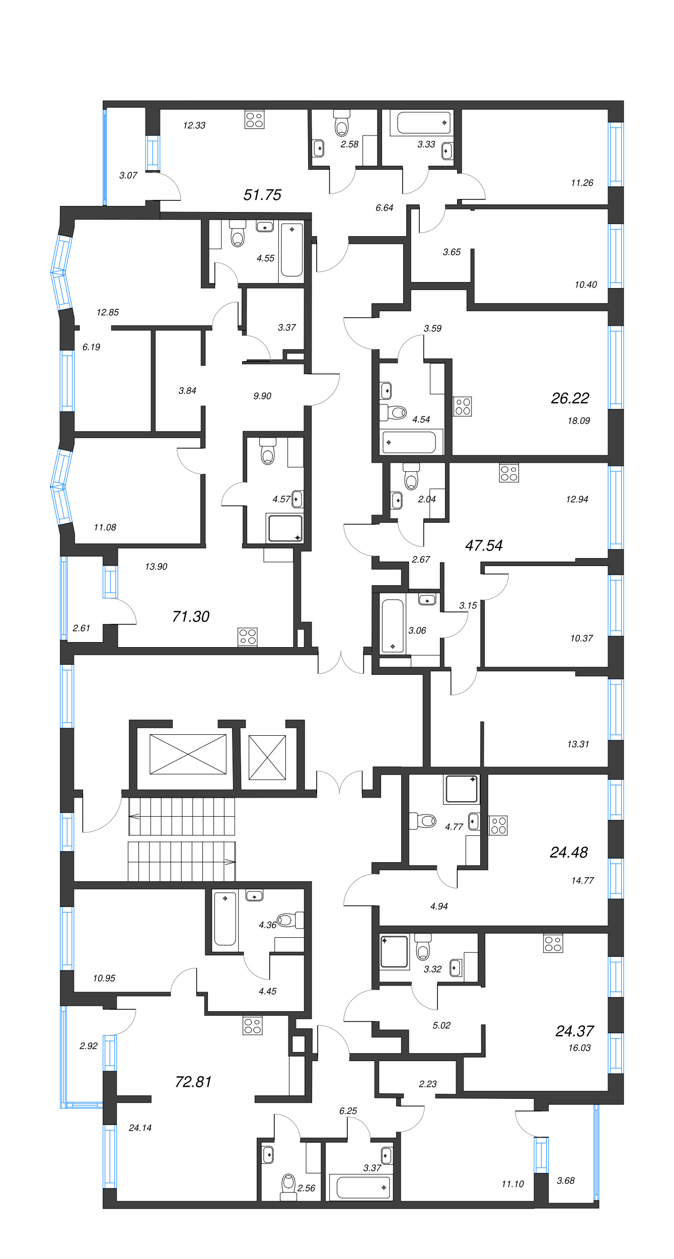 3-комнатная (Евро) квартира, 72.81 м² - планировка этажа