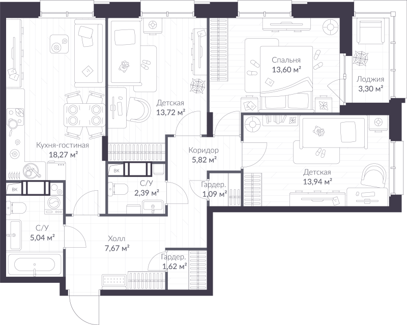 4-комнатная (Евро) квартира, 84.81 м² в ЖК "VEREN NORT сертолово" - планировка, фото №1