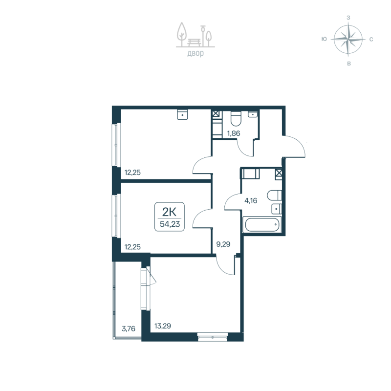 2-комнатная квартира, 54.23 м² в ЖК "Расцветай в Янино" - планировка, фото №1