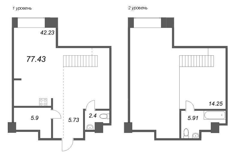 2-комнатная (Евро) квартира, 77.43 м² - планировка, фото №1