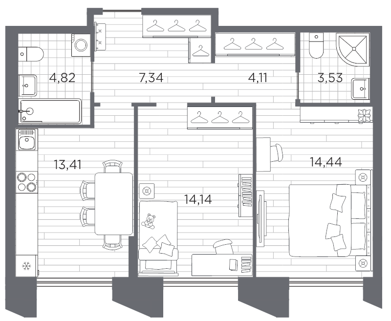 2-комнатная квартира, 61.79 м² в ЖК "Галерная гавань" - планировка, фото №1