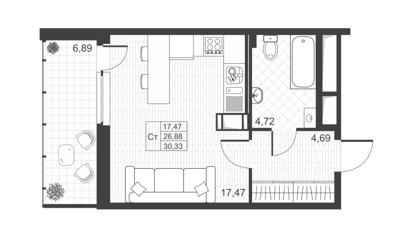 Квартира-студия, 30.29 м² - планировка, фото №1