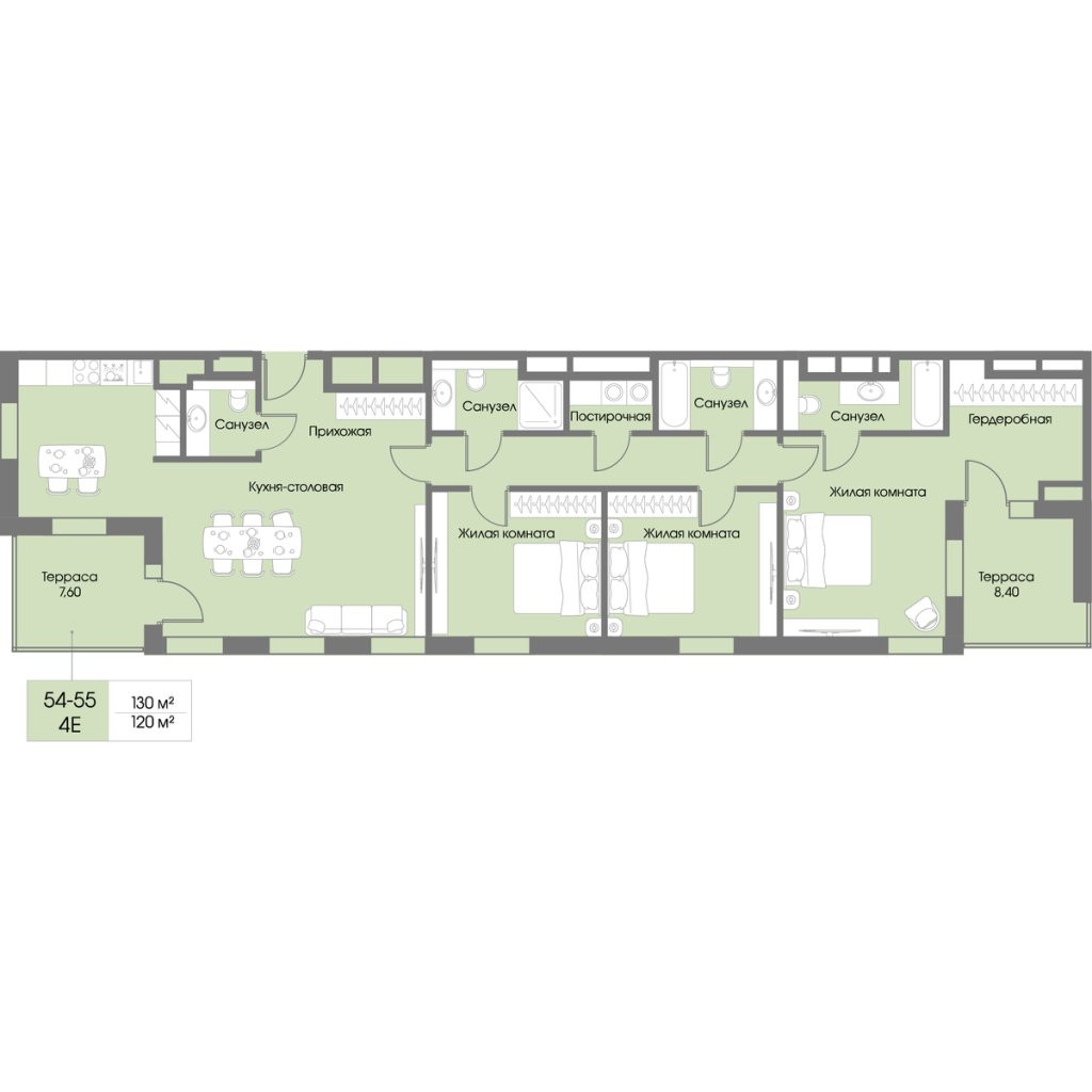 4-комнатная (Евро) квартира, 120 м² в ЖК "Рощино Residence" - планировка, фото №1