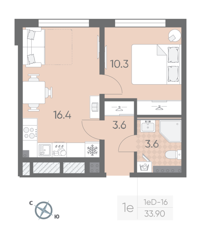 2-комнатная (Евро) квартира, 33.9 м² - планировка, фото №1