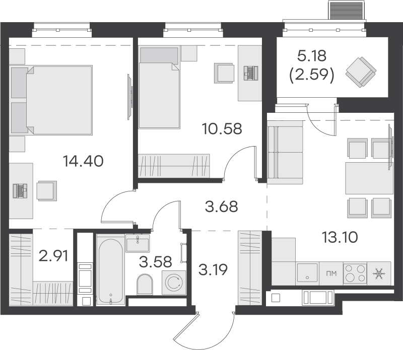 2-комнатная квартира, 54.03 м² - планировка, фото №1