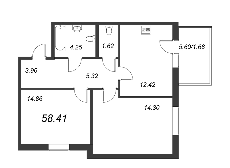 2-комнатная квартира, 56.73 м² - планировка, фото №1