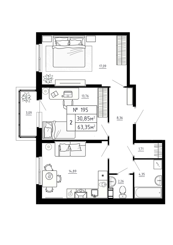 2-комнатная квартира, 63.35 м² в ЖК "Аннино Сити" - планировка, фото №1