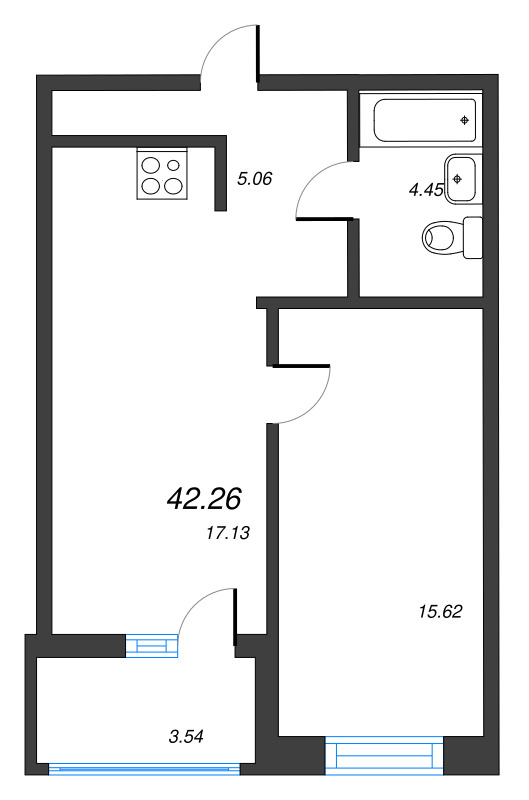 1-комнатная квартира, 42.26 м² - планировка, фото №1
