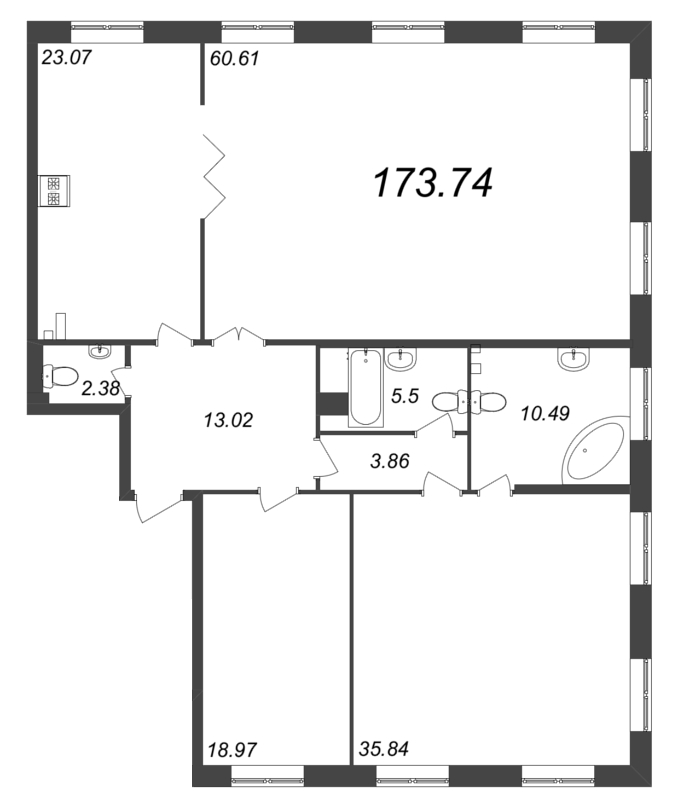 4-комнатная (Евро) квартира, 173.7 м² - планировка, фото №1