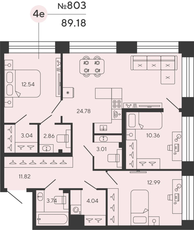 4-комнатная (Евро) квартира, 88.33 м² в ЖК "Bashni Element" - планировка, фото №1