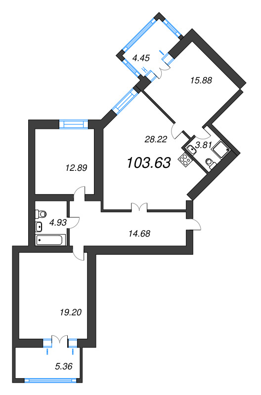 3-комнатная квартира, 103.9 м² в ЖК "Листва" - планировка, фото №1