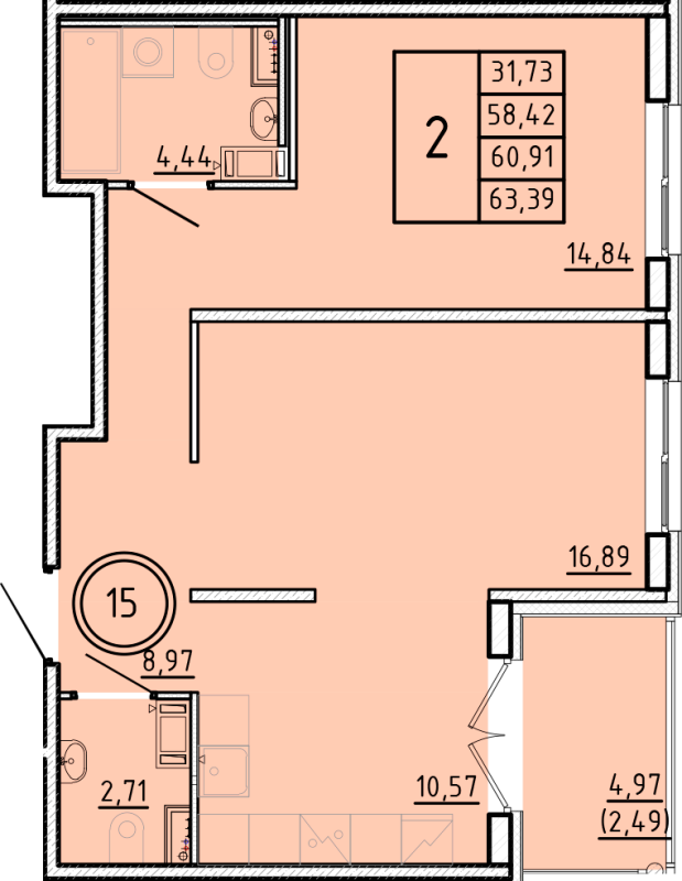 2-комнатная квартира, 58.42 м² - планировка, фото №1