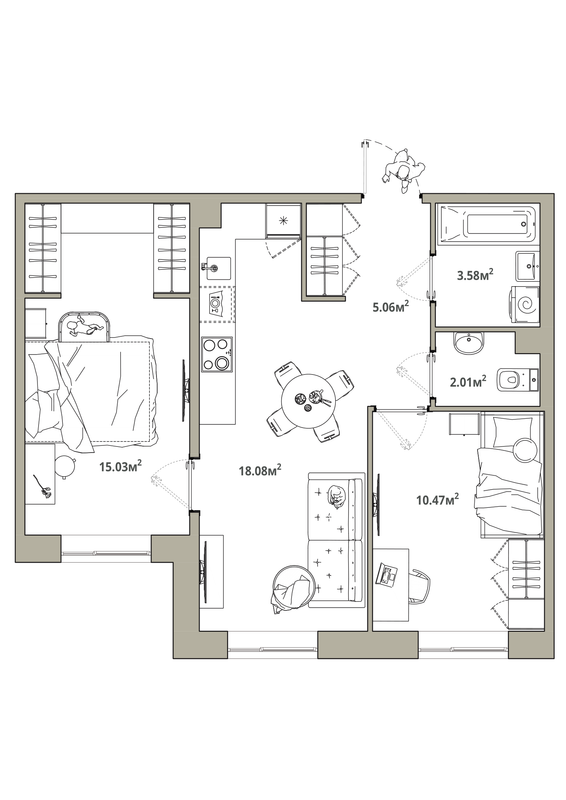 3-комнатная (Евро) квартира, 54.23 м² в ЖК "Тишин" - планировка, фото №1