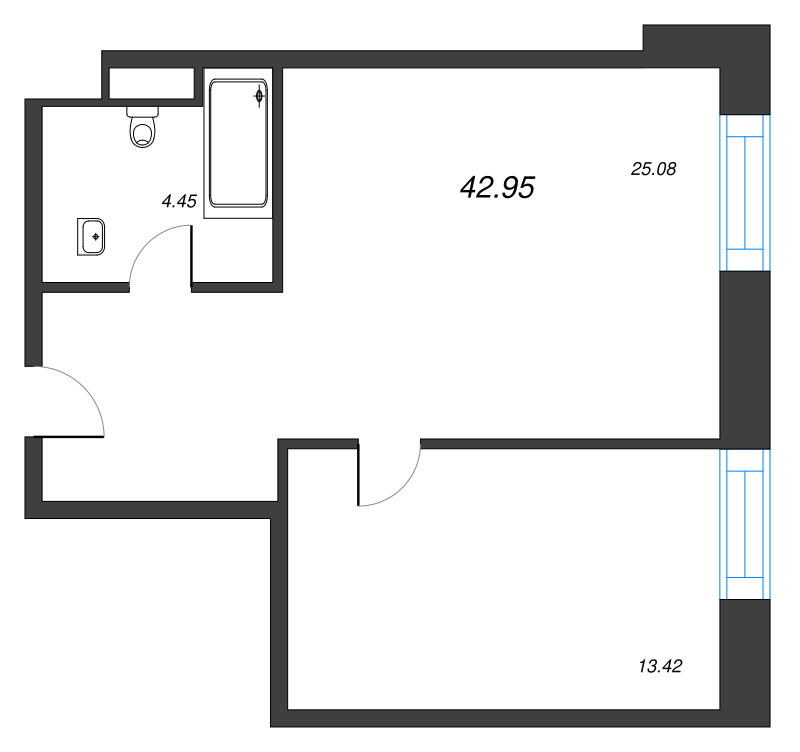 2-комнатная (Евро) квартира, 42.95 м² в ЖК "YE’S Leader" - планировка, фото №1