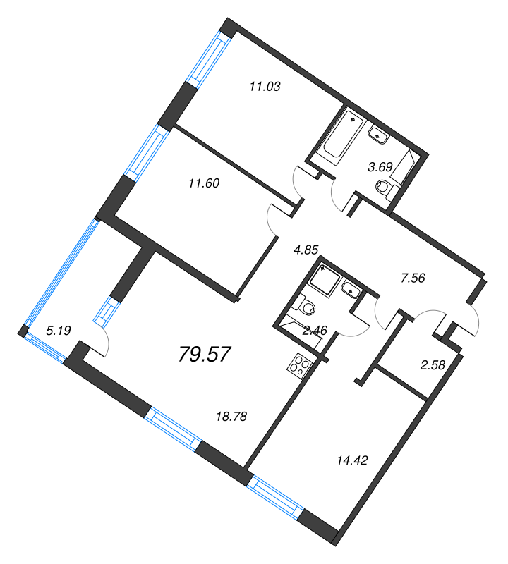 4-комнатная (Евро) квартира, 82.16 м² в ЖК "Jaanila Драйв" - планировка, фото №1