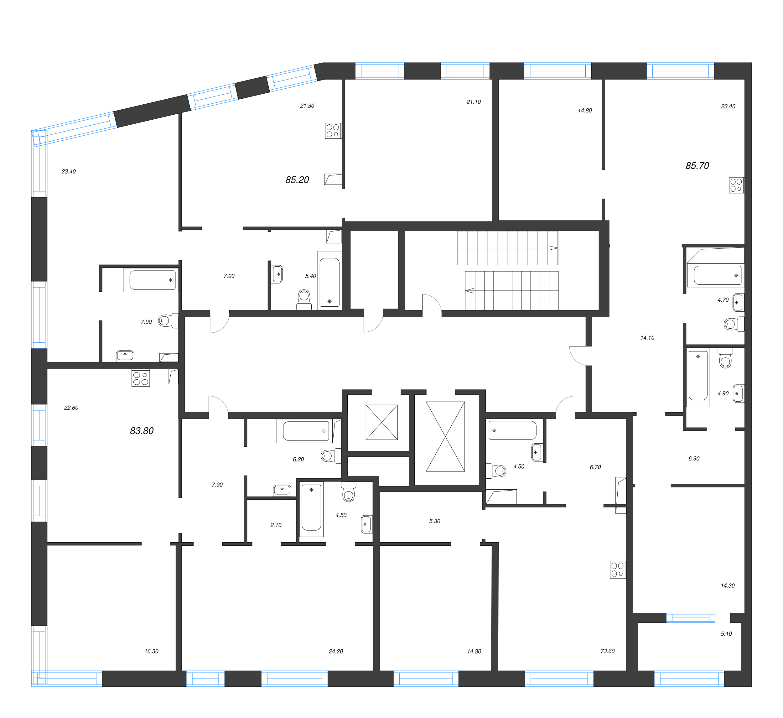 3-комнатная (Евро) квартира, 85.2 м² в ЖК "ЛДМ" - планировка этажа