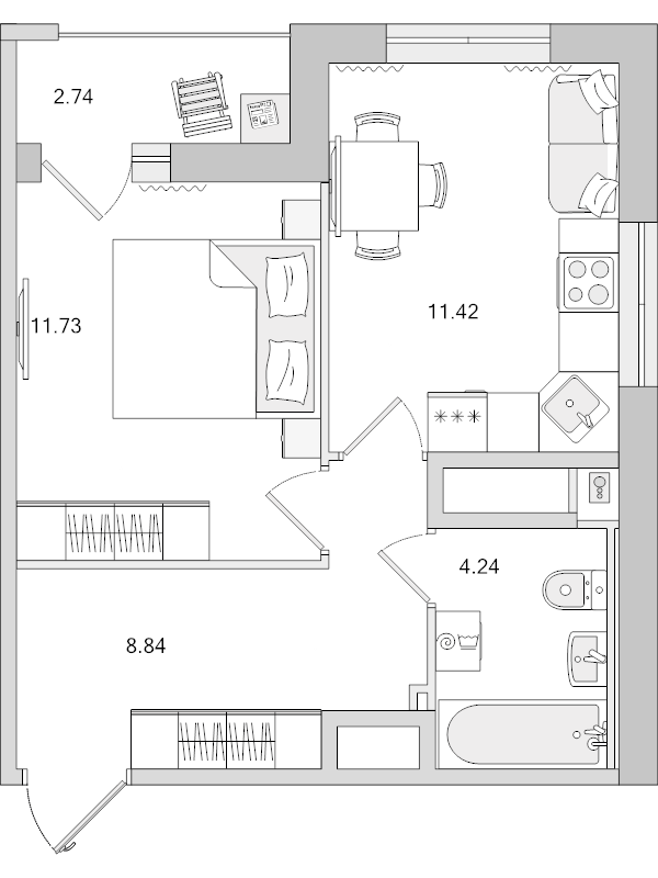 1-комнатная квартира, 38.97 м² в ЖК "Город Первых" - планировка, фото №1