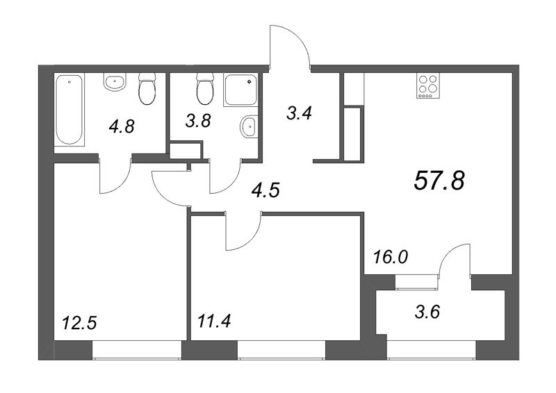 2-комнатная квартира, 57.8 м² - планировка, фото №1