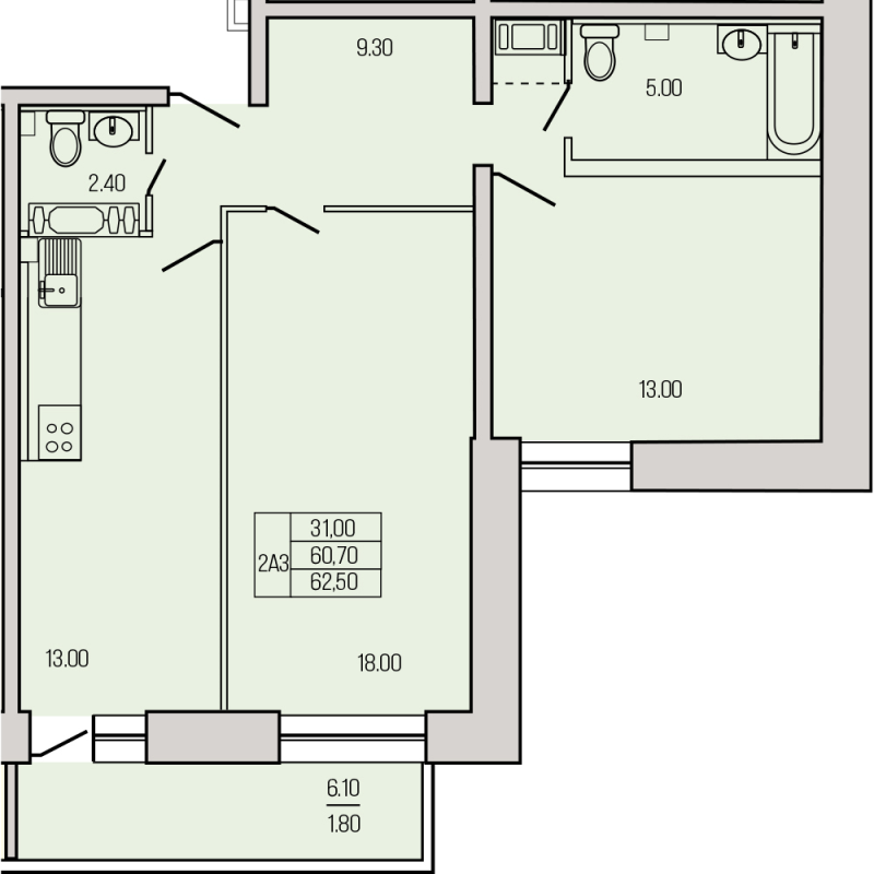 2-комнатная квартира, 62.5 м² в ЖК "Экос" - планировка, фото №1