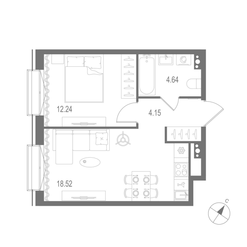 2-комнатная (Евро) квартира, 39.55 м² в ЖК "Остров Первых" - планировка, фото №1