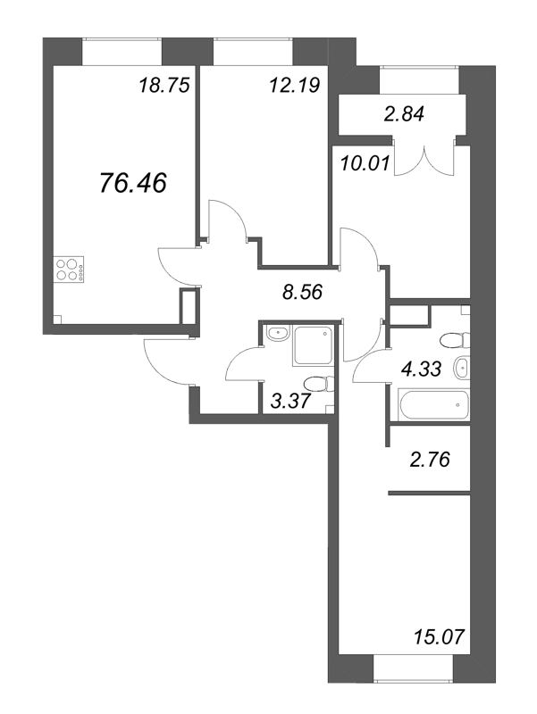 4-комнатная (Евро) квартира, 76.46 м² в ЖК "NewПитер 2.0" - планировка, фото №1