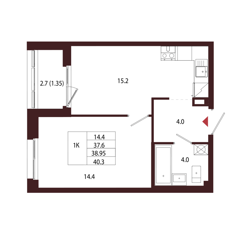 2-комнатная (Евро) квартира, 38.95 м² в ЖК "Лисино" - планировка, фото №1