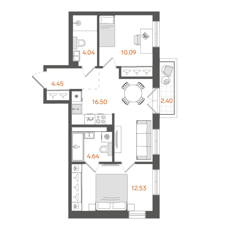 3-комнатная (Евро) квартира, 52.7 м² в ЖК "STAVNI Обводный" - планировка, фото №1