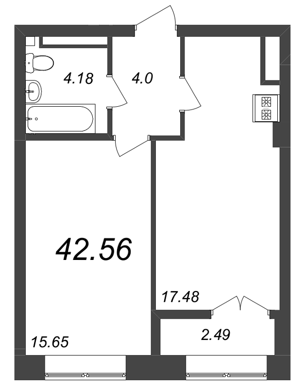 2-комнатная (Евро) квартира, 42.2 м² - планировка, фото №1