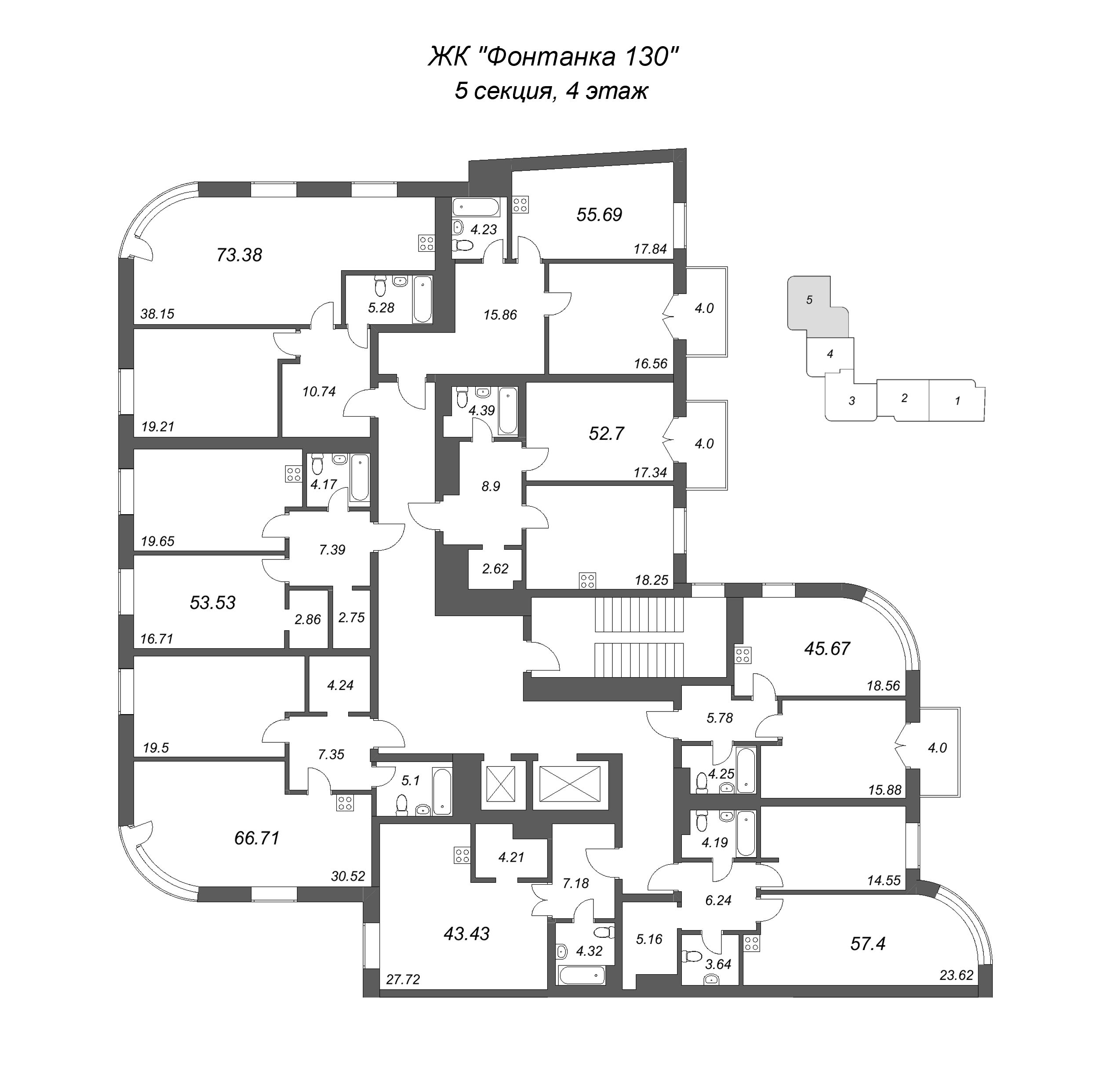 Квартира-студия, 43.43 м² в ЖК "Фонтанка 130" - планировка этажа