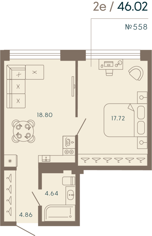 2-комнатная (Евро) квартира, 46.02 м² в ЖК "17/33 Петровский остров" - планировка, фото №1