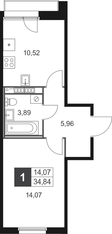 1-комнатная квартира, 34.84 м² в ЖК "Слобода" - планировка, фото №1