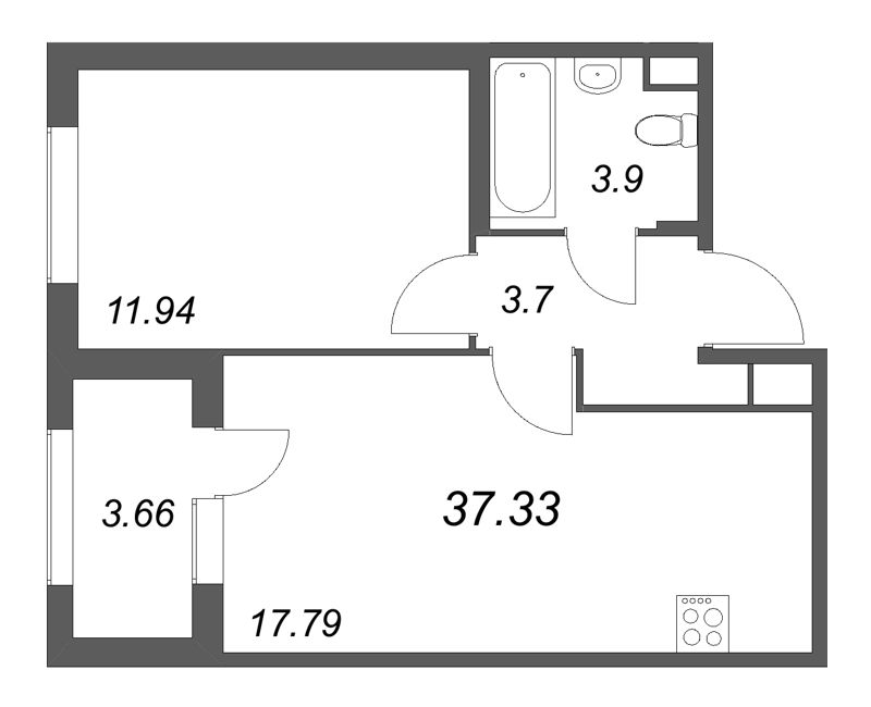 2-комнатная (Евро) квартира, 37.33 м² в ЖК "Дубровский" - планировка, фото №1