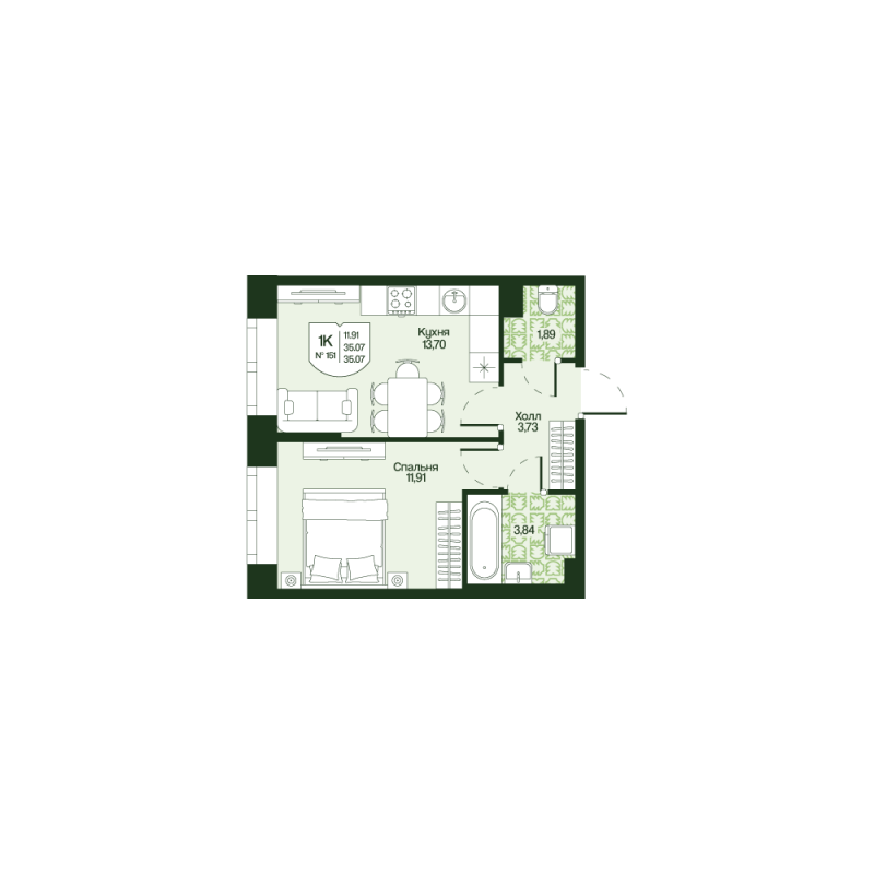 1-комнатная квартира, 35.07 м² в ЖК "Охтинские высоты" - планировка, фото №1