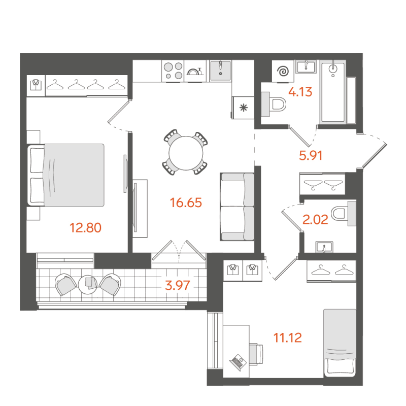 3-комнатная (Евро) квартира, 54.62 м² в ЖК "STAVNI Обводный" - планировка, фото №1