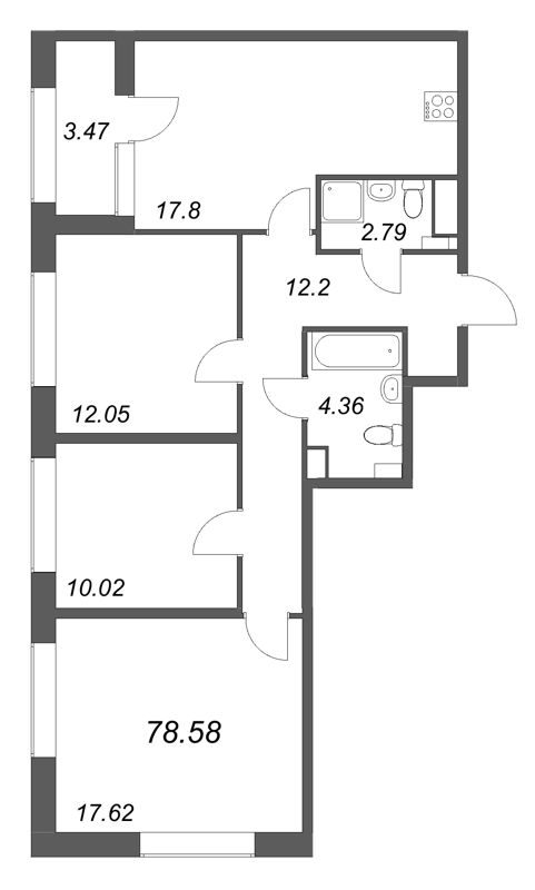 4-комнатная (Евро) квартира, 78.58 м² в ЖК "Аурум" - планировка, фото №1