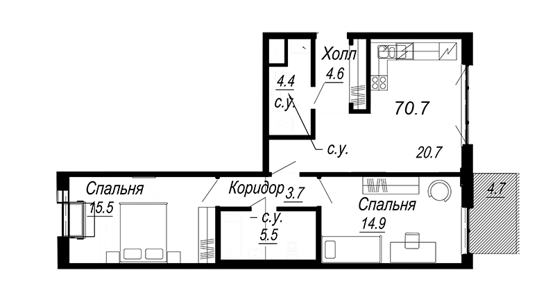 3-комнатная (Евро) квартира, 68 м² в ЖК "Meltzer Hall" - планировка, фото №1