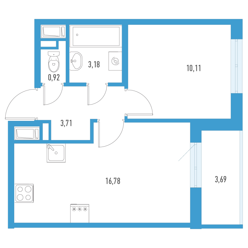 2-комнатная (Евро) квартира, 36.55 м² в ЖК "Аэросити" - планировка, фото №1