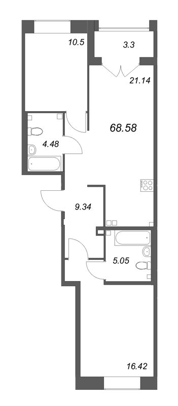 3-комнатная (Евро) квартира, 68.58 м² - планировка, фото №1