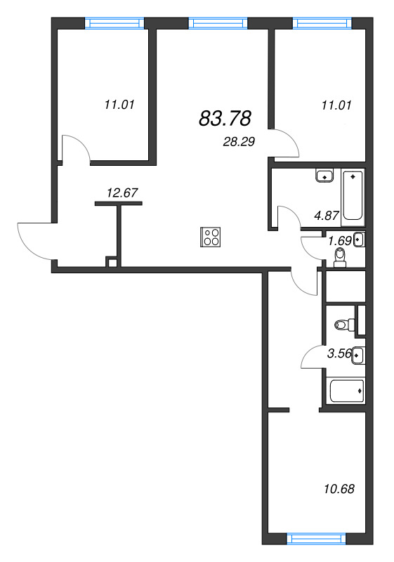 4-комнатная (Евро) квартира, 83.78 м² - планировка, фото №1