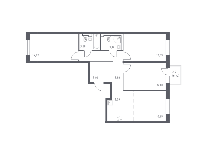 4-комнатная (Евро) квартира, 78.46 м² в ЖК "Квартал Лаголово" - планировка, фото №1