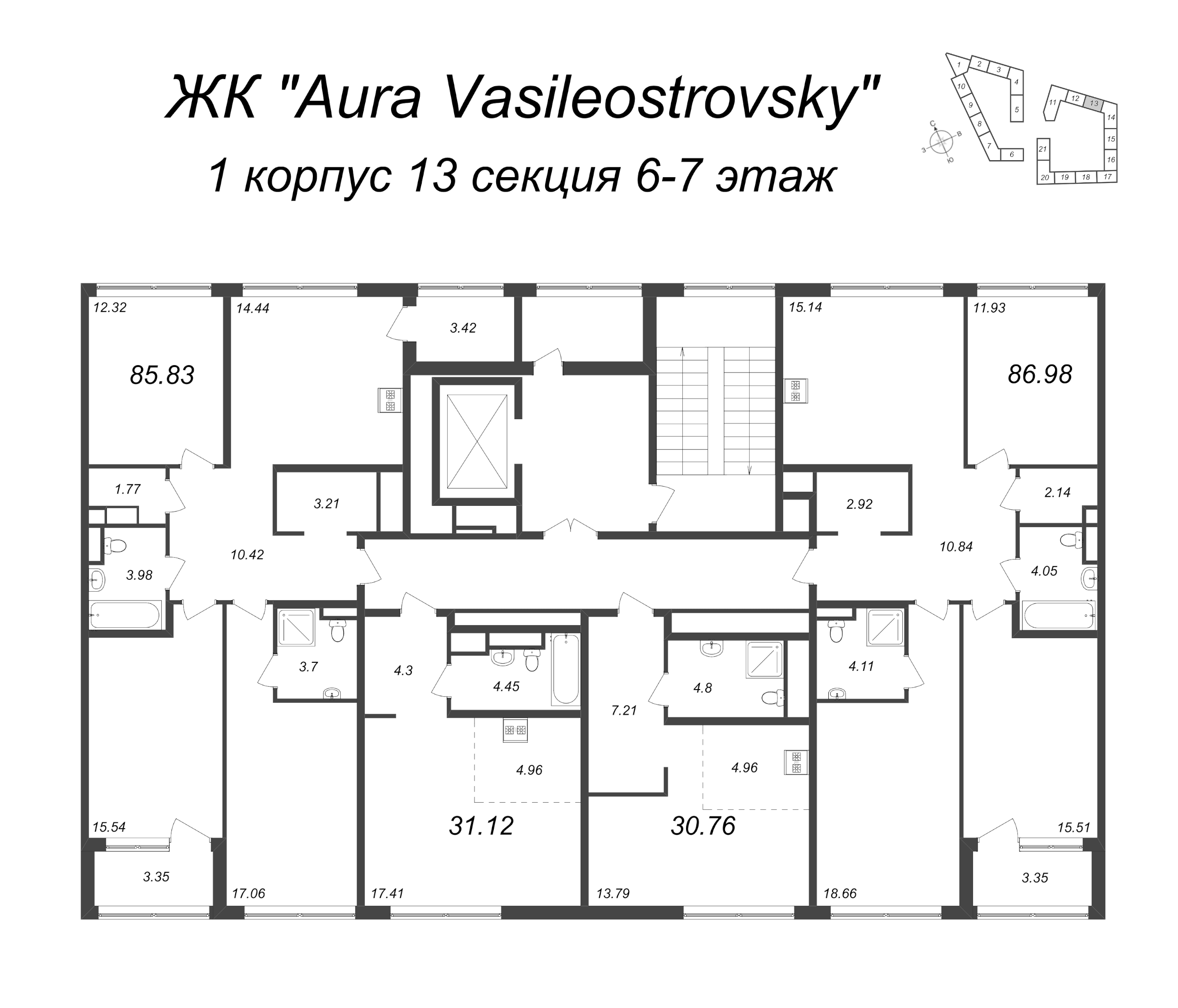 Квартира-студия, 31.12 м² в ЖК "GloraX Premium Василеостровский" - планировка этажа