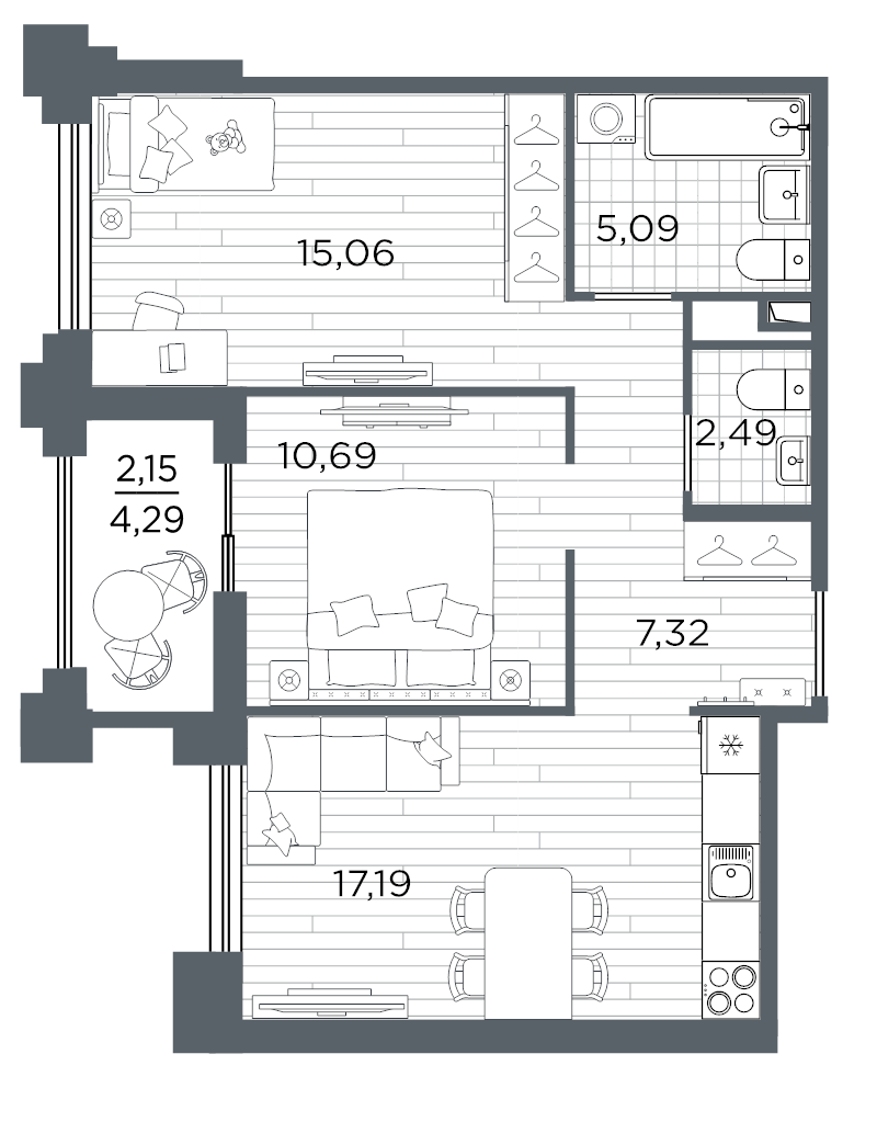 3-комнатная (Евро) квартира, 59.99 м² в ЖК "Ассамблея" - планировка, фото №1