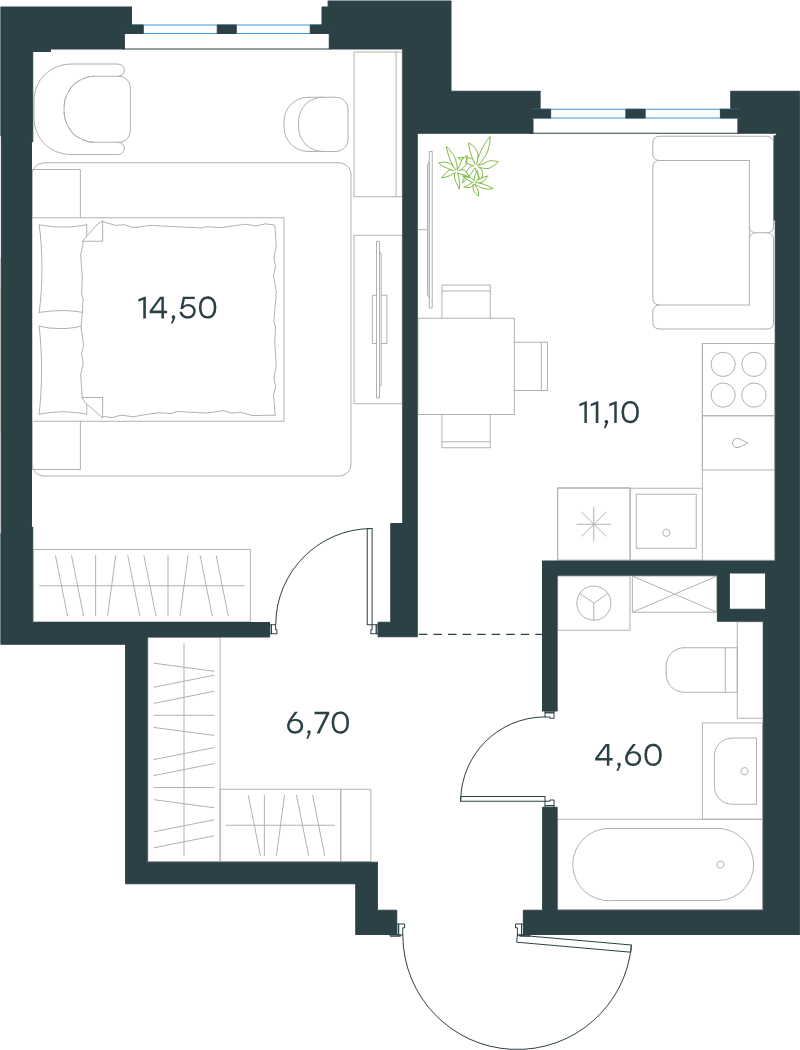 1-комнатная квартира, 36.9 м² в ЖК "Левел Мечникова" - планировка, фото №1