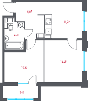 2-комнатная квартира, 45.91 м² в ЖК "Город-спутник Южный" - планировка, фото №1
