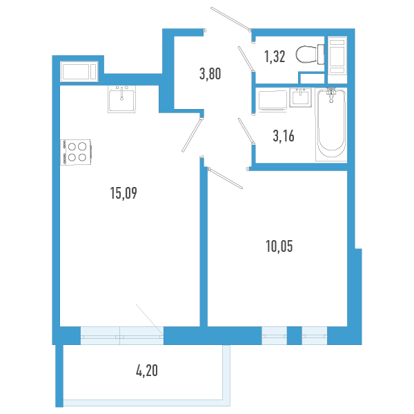 2-комнатная (Евро) квартира, 34.68 м² в ЖК "Аэросити" - планировка, фото №1