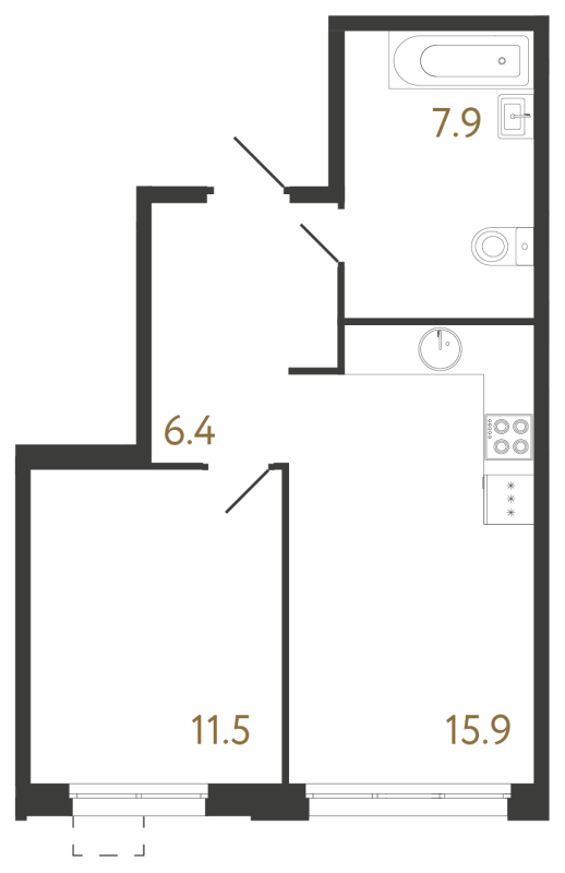 2-комнатная (Евро) квартира, 41.7 м² в ЖК "Струны" - планировка, фото №1